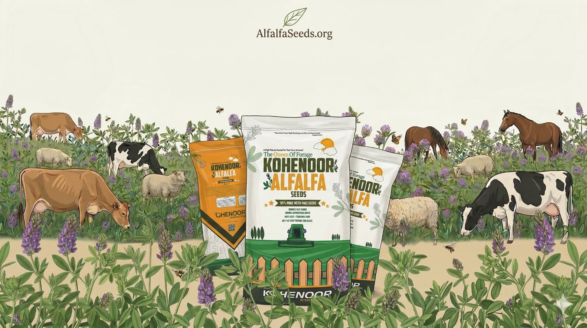 Kohenoor International — Premium Alfalfa Seeds · Pakistan exporter since 1957 · Cattle, sheep & horses grazing in alfalfa field with Kohenoor branded packaging bags