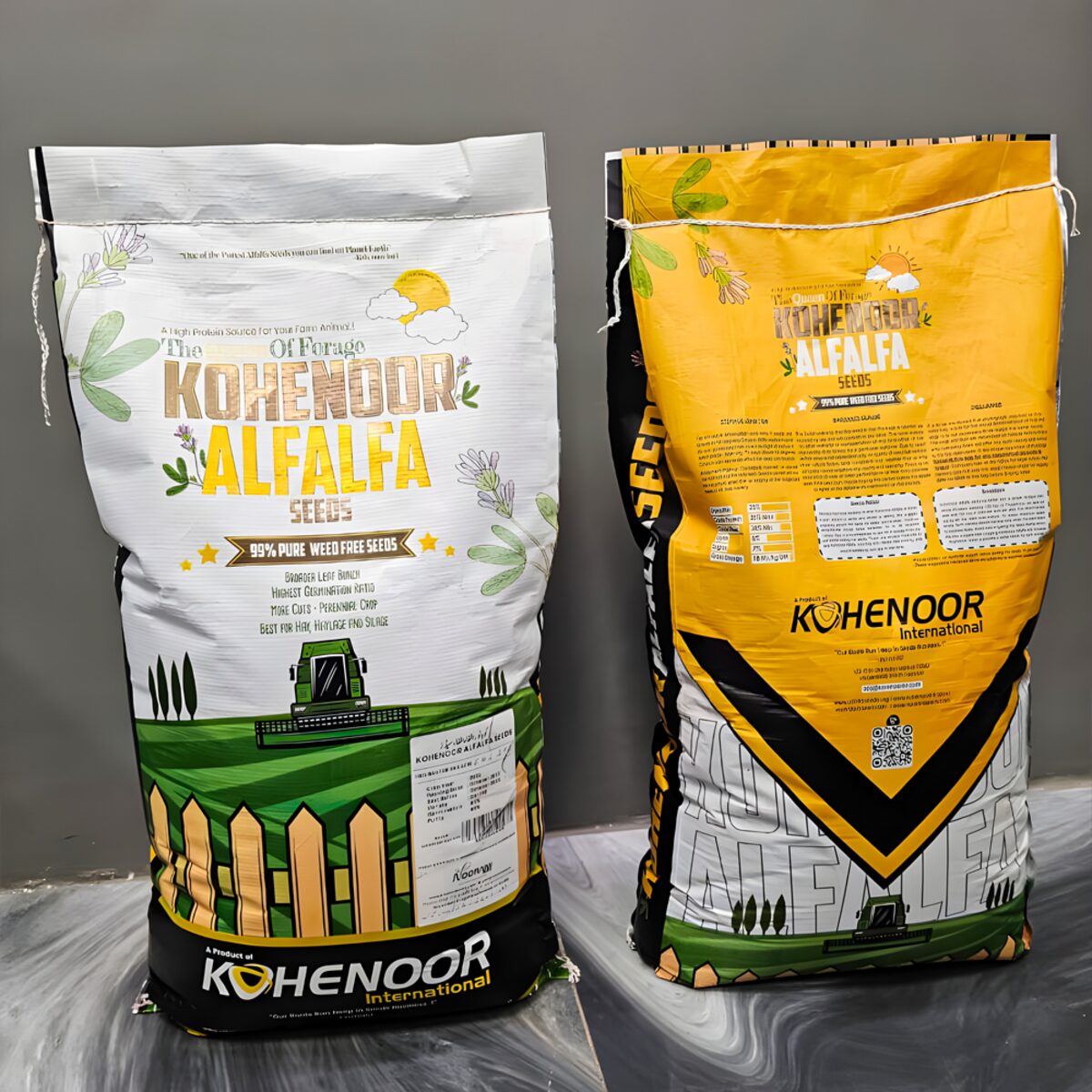 Kohenoor International ALFALFA SEEDS branded export bags — premium quality alfalfa seed packing
