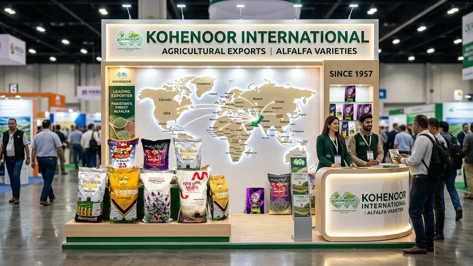 Kohenoor International alfalfa seed export stand with a world map of 70+ destination countries and Kohenoor alfalfa (lucerne) seed bags